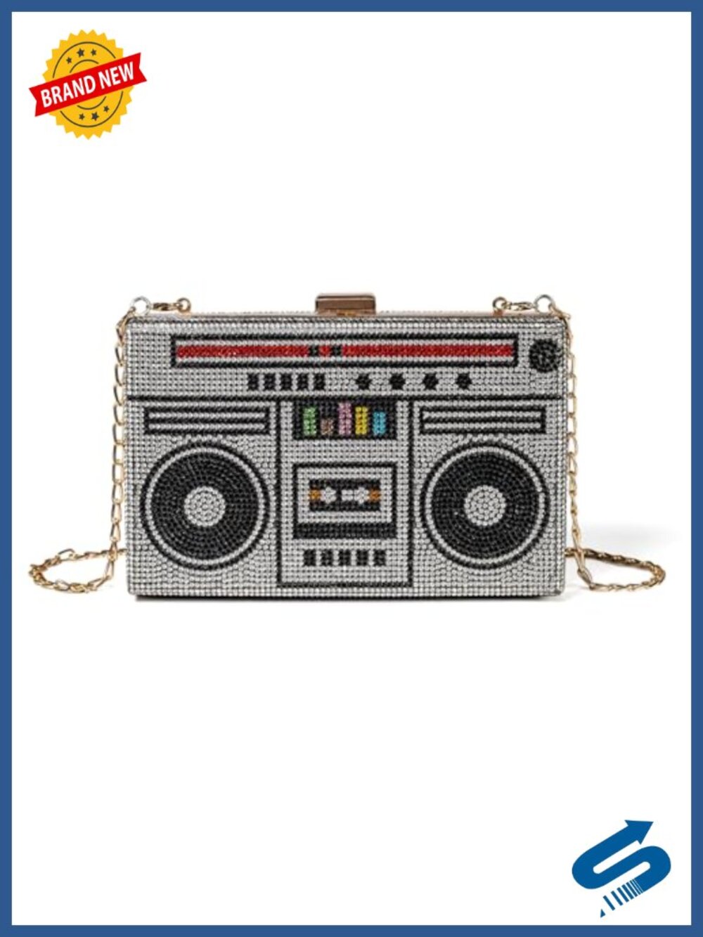 Rhinestone Radio Shape Crossbody Clutch 3-Way Evening Bag Detachable Chain